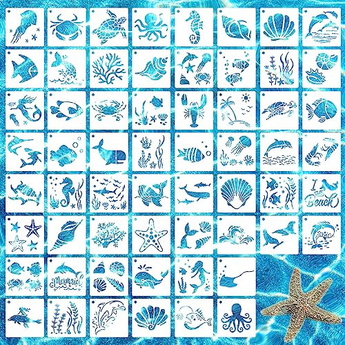 60 PCS Schablonen für die Malerei, wiederverwendbare Ozean Samll Schablonen 7.6x7.6cm, Schablone Stuff DIY Handwerk Vorlage Farbe Meer Schablonen für die Malerei auf Holz Wand Home Decor