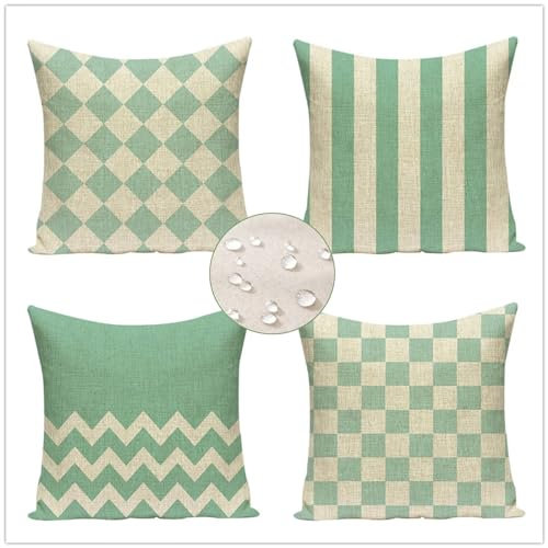 Outdoor Kissen Wetterfest Kissenbezug 40x40 cm Grüner Sofakissen, 4er Set Kissenbezüge Flickenteppich Deko Kissen Kopfkissen Bezug Couchkissen Leinen Kissenhülle für Garten Wohnzimmer DekoY219