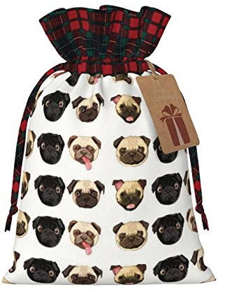 LAMAME Schwarz Gelb Mops gedruckt Weihnachten Kordelzug Geschenktüten mit Kraft Etiketten Geschenkpapier Taschen