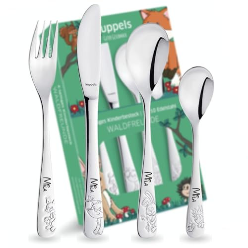 Kinderbesteck Waldfreunde mit Namensgravur - personalisiertes Besteck - individuelles Taufgeschenk Junge/Mädchen - einzigartiges Geschenk - 4-teiliges Set