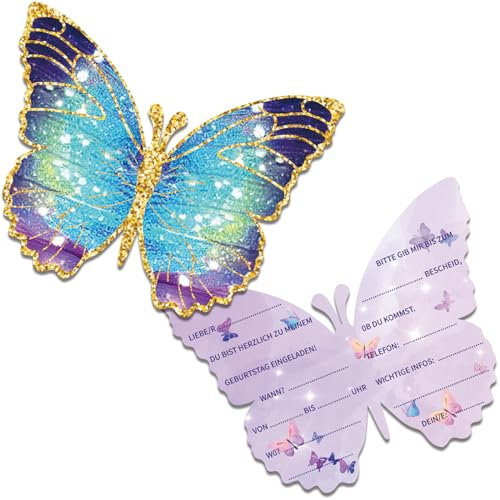 Tixlux 12 Einladungskarten zum Kindergeburtstag, 13 x 10 cm Schmetterlingen Einladungskarten, Geburtstagseinladungen für Mädchen und Jungen, Geburtstagseinladungen Kinder Geburtstagsfeier Kinderparty