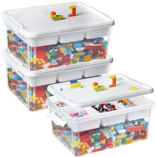 Greentainer 16L Storage Bins with Building Baseplate Lid & Removable Tray, 3 Pack Stackable Arts & Crafts Storage Boxes & Organizers for Organizing Bead, Tool, Sewing, Playdoh, Toys