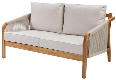 BUTLERS Loungesofa (150 x 80 cm)-Rope Island - Gartensofa aus Holz in Naturfarbe mit Kissen in Taupe für 2 Personen | Indoor & Outdoor Möbel für Balkon, Terrasse, Wohnzimmer