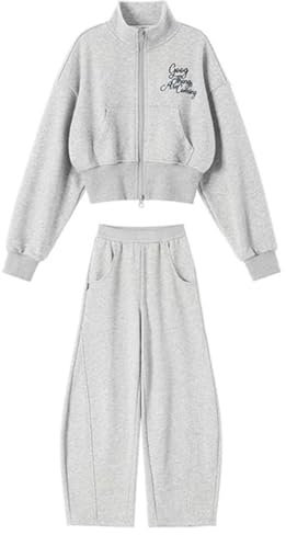 linboo Mädchen Kleidungset 2tlg Jogginganzug Sweatjacke mit Doppeltem Reißverschluss und Sporthose Kinder Sportanzug, Grau, 158(Herstellergröße: 170)
