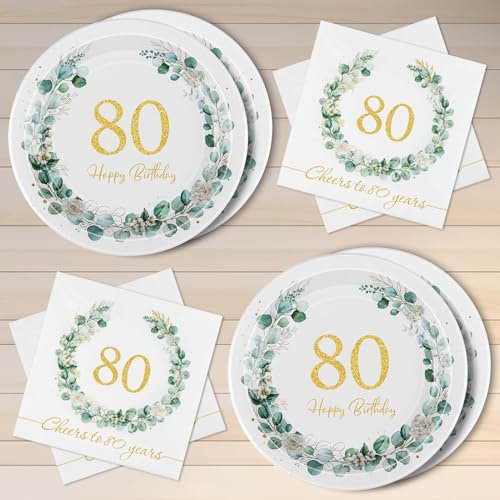 WenmthG 40 Stück 80. Geburtstag Servietten und Pappteller Eukalyptus, Deko 80. Geburtstag Frauen Männer, Happy Birthday