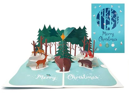 scicent Pop Up Karte Weihnachten Geburtstagskarte mit Umschlag Pop-up 3D Weihnachtskarte Wald, Hirsch, Fuchs Weihnachts Grußkarte für Männer und Damen - 20934