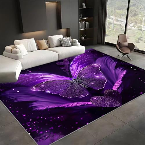 Teppich Wohnzimmer 120x170 cm Teppich Schlafzimmer Schmetterling Lila Fantasie Teppich Waschbar in Waschmaschine, Teppich Kurzflor Carpet Weicher Teppich für Wohnzimmer Schlafzimmer kinderzimmer