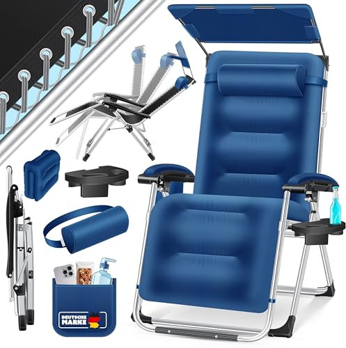 KESSER® Sonnenliege Liegestuhl,Gartenliege Wetterfest, Belastbar 200kg, Ergonomisches Polster verstellbare Rückenlehne inkl. Nackenkissen Getränkehalter Armpolster & Seitentasche mit Dach Navyblau