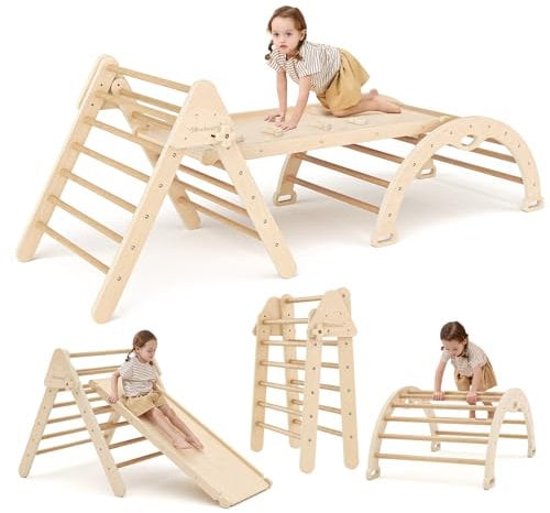 Mosebears Klettergerüst Indoor, Montessori kletterdreieck mit Rutsche, Kletterbogen, Stabilem Baby-Klettergerüst und Kletterdreieck