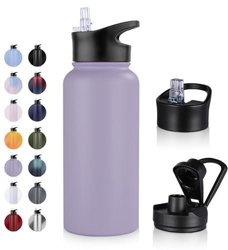 UMBFUN Bouteille d'eau en Acier Inoxydable - 1L avec Paille,anti-fuite,Gazéifiée,BPA free Gourde Thermos(+2 Couvercles) Isolation Double Paroi Sous Vide pour Sport,Voyage,Camping,école,Vélo,Gym