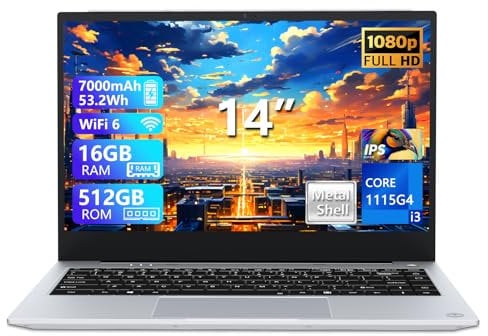 AVENKA Metal Laptop, Core i3-1115G4 Processor 16GB RAM 512GB SSD, 14 inch 1920x1080 Display Windows 11 Pro Laptop, 2xType-C, 2xUSB3.2, 7000 mAh Battery, HDMI, BT & Wi-Fi 6