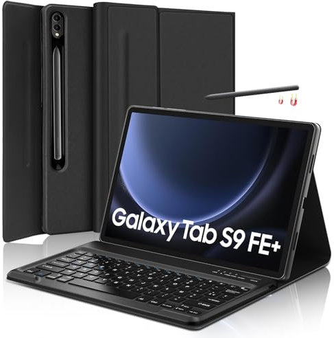 SENGBIRCH Coque Clavier pour Samsung Galaxy Tab S9 FE+ 12,4 - AZERTY Français Clavier Détachable sans Fil Bluetooth pour S9 Plus 12,4 Pouces 2023, Noir
