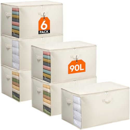 Lifewit 90L Bettdecken Aufbewahrungstasche mit Griffen, Aufbewahrungsbox mit Deckel, Kleideraufbewahrungsbehälter mit Verstärktem Griff für Bettdecken, Kleiderschrank Organizer, Beige, 6 Stück
