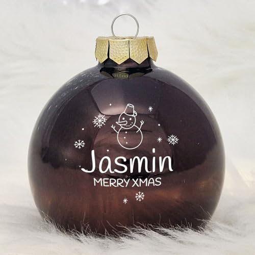 Personalisierte Weihnachtskugel mit deinem Namen und Wunschmotiv, aus Echtglas, 8 cm (07_Braun, Schneemann)