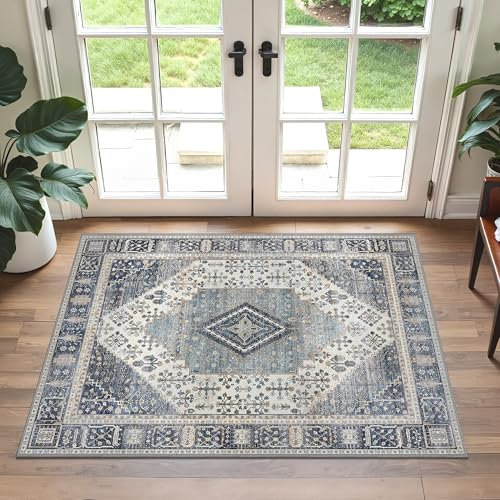 GENIMO Teppich Boho Fußmatte 60x90cm Waschbar Schlafzimmer Teppich No-Slip Teppiche für Eingang Bad, Blau