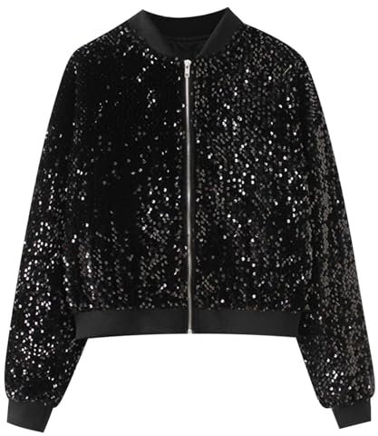 Pailletten Jacke Damen-Bomberjacke mit Glitzer Glänzend Pailletten Blazer Glitzer Glänzende Paillettenjacken Party Bolero Tops 80er Jahre Outfit Mottoparty Karneval Fasching Kostüm Disco Outfits