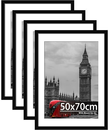 Tinkeps 4 Pack 50x70cm Black Frame, Engineered Wood and Plexiglass, Picture Frames 50cmx70cm with Mount for A2 Prints, Photos, and Posters, Wall Mountable, Poster Frames 50 x 70cm