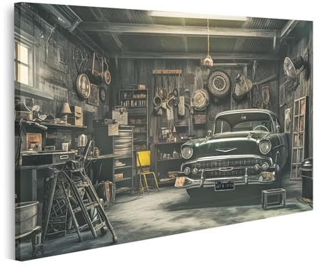islandburner Bild auf Leinwand Klassisches Auto in einer alten Garage für Wohnzimmer Autoliebhaber Autohaus Bilder Wandbilder Poster