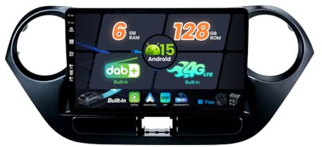 SXAUTO Android 15 - Built-in 4G LTE DAB - 6G+128G - Autoradio für Hyundai i-10 (2013-2016) - Dual Band WiFi - CarPlay Android Auto - Kamera + MIC - DSP Lenkradsteuerung - QLED 9 Zoll 2 Din Octa-Core