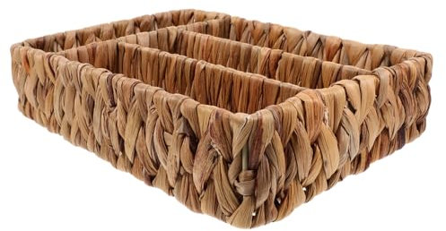 BUGUUYO Woven Cutlery Organizer Basket Large Rectangular Hyacinth Fiber Silverware Tray Divided Utensil Storage for Kitchen Drawer and Dining Table