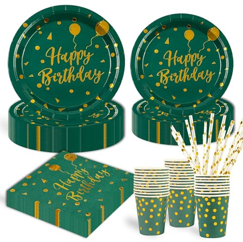 125Pcs Birthday Party Tableware Set,Green and Gold Happy Birthday Theme Kids Tableware Decoration Party Accessories Set Includes Paper Plates Napkins Cups for 25 Guests