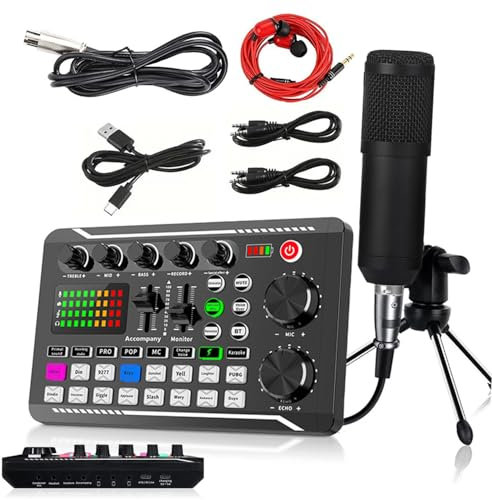 Podcast Microphone Bundle, BM-800 Condenser Mic with F998 Live Sound Card Kit, Podcast Equipment Bundle with Voice Changer and Mixer Functions for PC Smartphone Studio Recording and Broadcasting
