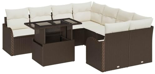 vidaXL Gartensofa-Set mit Kissen 9 pcs Braun Poly-Rattan, Garten und Terrasse, Moderner Rattan-Sofa, Wetterfeste Sitze, Modulares Lounge-Set, Rechteckiger Essbereich