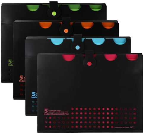 4 Farben Erweiterbare Ordner mit 6 Fächern, A4 Akkordeon-Ordner mit Schnappverschluss, Fächermappen für Betreffdokumente, Organizer für Schule, Zuhause, Büro (4 Stück - Stil B)