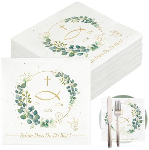 60 Stück Servietten Fisch um Eukalyptus weiß als Tischdeko,Servietten Taufe,ServiettenSchön Dass Du Da Bist,Konfirmation Taufe Junge Mädchen,für Taufe,Kommunion 33 x 33 cm