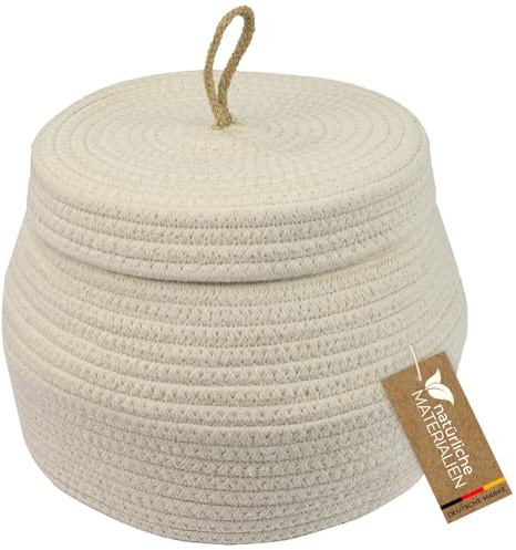 HMF Aufbewahrungskorb Badezimmer rund, Korb mit Deckel aus Baumwolle | Hoch | 25,5 x 19 cm | Creme