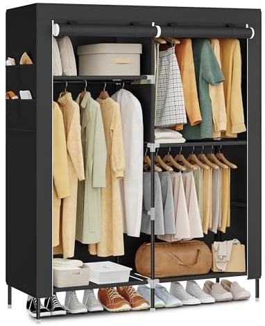 SONGMICS Portable Closet, Fabric Wardrobe, Clothes Rack with Shelves, Pockets, Large Capacity, 3 Hanging Rods, 50 x 17.7 x 70.9 Inches, Black URYG010BZ02