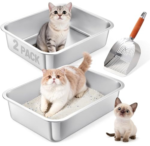 PICK FOR LIFE 2 Packs Stainless Steel Cat Litter Tray Box for Multi-Cat Households, No Odor Metal Litter Tray with Litter Scoop for Rabbit, Guinea Pig Non-Stick No Rust Easy to Clean 40 * 30 * 10 CM