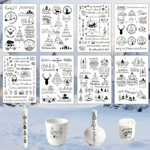 Rub On Sticker 8 Stück A5 Rub On Aufkleber Weihnachten Weihnachtliche Kerzentattoos Transferfolien für Glas Holz Möbel DIY Deko für Scrapbooking Fenster Kerzen und Geschenke