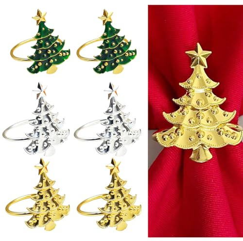 BSITSSS 6 Piezas Servilleteros Navidad, Porta Cubiertos Árbol de Navidad, Oro Plateado Verde Servilletero de Mesa Anillos Servilletas para Fiesta de Navideñas Bodas Banquetes