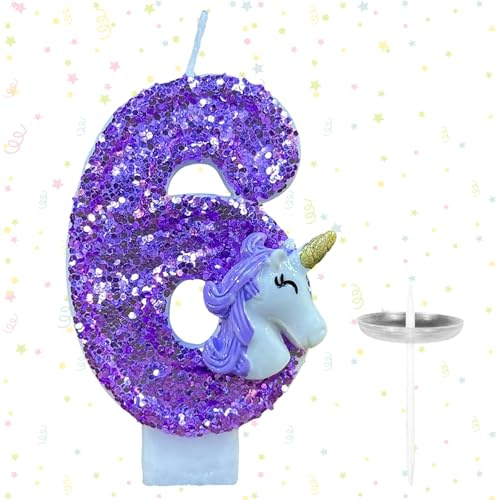Ovanda Kerze 6 Geburtstag Mädchen, Einhorn Tortendeko Kerze 6 | 3D Regenbogen Einhorn Geburtstagskerzen, Kerzen Zahlen 6 Lila, Geschenk Mädchen 6 Jahre, Einhorn Deko Kindergeburtstag 6