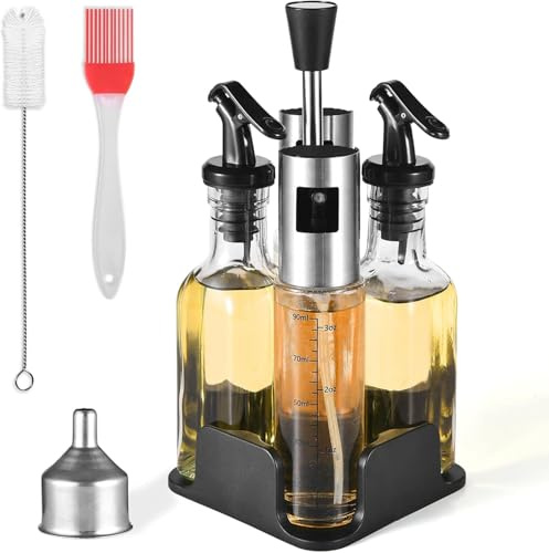 Oil and Vinegar Bottle Set,OilDispenser,Oil Spray with Scale,withStainless Steel Rack,Oil Dispenser,Olive Oil Bottle and Vinegar BottleGlass