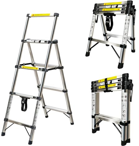 1.1+1.4m Escalera Plegable de Acero Inoxidable,Escalera 3+4 peldaños,Escalera TelescóPica Estructura en Forma de A,Escalera Extensible Bloqueo de Seguridad (1.1+1.4 m)