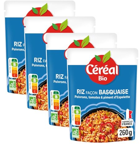 Céréal Bio Riz Bio, Poivrons, Tomates, Piment d’Espelette – Plat Cuisiné Bio Individuel, Micro-Ondable, Prêt à Réchauffer – 260g (Lot de 4)