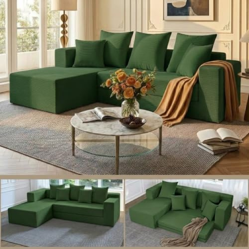 YINIX 4-in-1 Modulares Klappbares Schlafsofa 3-Sitzer, Cord Sofa L-Form | Platzsparendes Ecksofa 235 cm mit Schlaffunktion, breiten Armlehnen, Metallrahmen, Anti-Rutsch-Boden, ohne Montage.