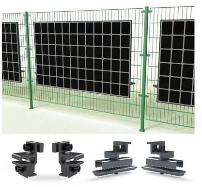 PV Zaunklemmen Set 4 Stück schwarz – Solarzaun/Balkonkraftwerk Halterung für Doppelstabmatte 6/5/6 & 8/6/8 – Direktmontage am Modulrahmen ohne Schiene – Edelstahl/Alu