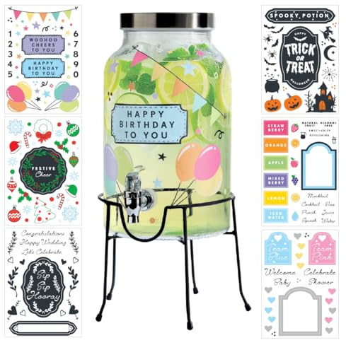 Glass Drinks Dispenser with Tap & Stand, 5.5L, Reusable Party Stickers | Includes 6 Reusable Themed Sticker Sets for Birthdays, Halloween, Christmas, Weddings, Baby Showers and Seasonal Parties