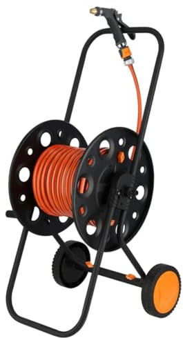 Schmith - Avvolgitubo - Carrello da Giardino con Tubo da 25m, Spruzzatore e Raccordi per Giardino e Prato, Carrello in Metallo con Guida per Tubo, Kit Completo per L'irrigazione