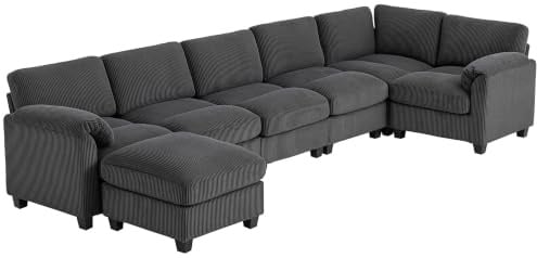 HOMCOM Ecksofa U-Form mit Federpolsterung 292x224 cm Dunkelgrau | Sofa Couch, Eckcouch, Dick Gepolsterte Armlehnen, Bewegliche Ottomane, Schlafsofa Wohnlandschaft, Aus Cord