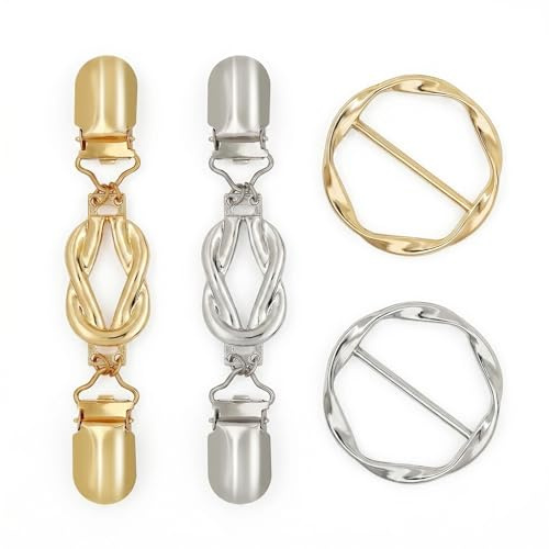 DiiWmme 4er Set Cardigan Clips Damen – Vintage Cinch Clips Lang und Rund | für Kleidung & Schal, Brosche, Gold Silber, , 13 x 1.6 cm, Ideal für Pullover Bluse Mantel, Legierung