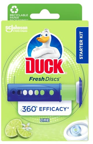 Duck Fresh Disc Toilet Cleaner Starter Pack, Toilet Bowl Sanitiser & Descaler, Lime, 1 Holder + 36 ml Refill
