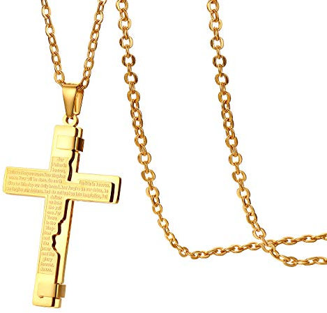 Flongo Herren-Kette Männer Anhänger Halskette Rosenkranz Kette Gold Englisch Bibel Jesus Kreuz Kruzifix Herrenketten Herren-Accessoires mit Kette