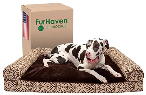 FurHaven Cooling Gel Dog Bed for Large Dogs w/Removable Bolsters & Washable Cover, For Dogs Up to 125 lbs - Plush & Southwest Kilim Woven Decor Sofa - Desert Brown, Jumbo Plus/XXL