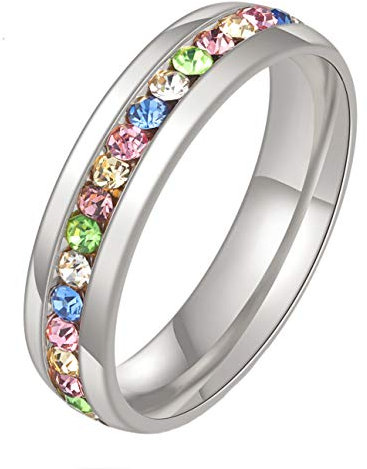 HIJONES Schmuck Damen Edelstahl Einreihig Diamant Ring Größe 62 (19.8) (Silber Regenbogen)