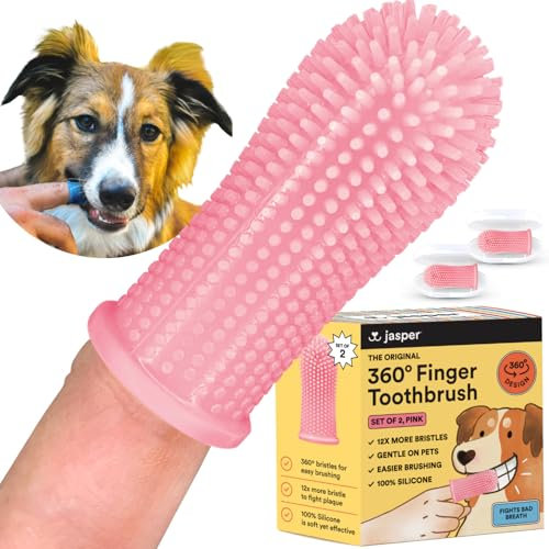 Jasper 360º Dog Toothbrush, 2-Pack Pink, Soft Silicone Bristles, Manual, Dog & Cat Teeth Cleaning, Finger Toothbrush