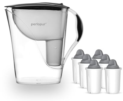 perlopur® Wasserfilter Fashion (anthrazit) +6 Filterkartuschen Protect+ | 3,3 l ges., 1,6 l gefiltert, Einfüllverschluss, BPA-frei, für classic Kartuschen, für sehr hartes Wasser, starke Entkalkung